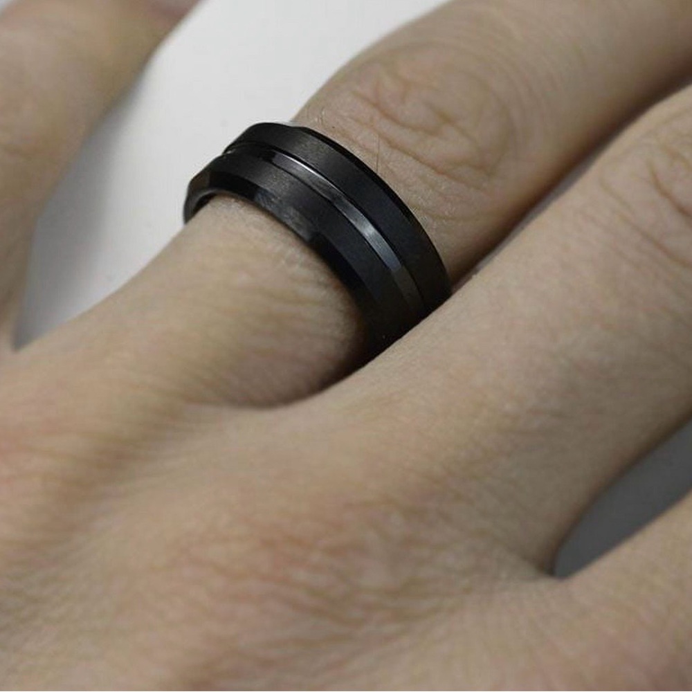 Men’s Black Tungsten Carbide Band Grooved Brushed Size ~9-10